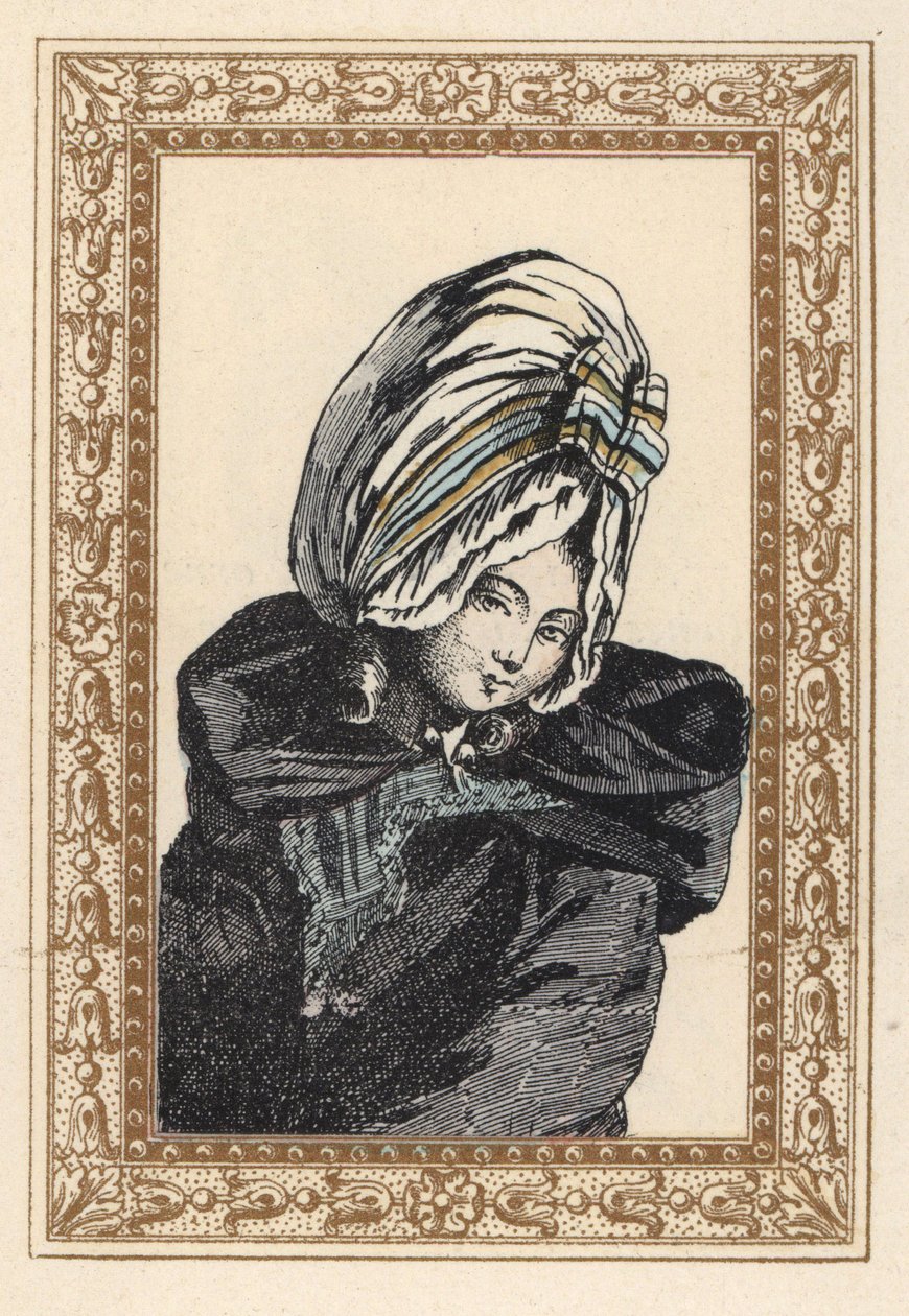 Femme en cape de nuit et grand chapeau Voluptuese. Cheveux de nuit, a la Voluptueuse. Lithographie colorée à la main par de Laubadère tirée de « Coiffures de Style ou Parure Excentrique de l
