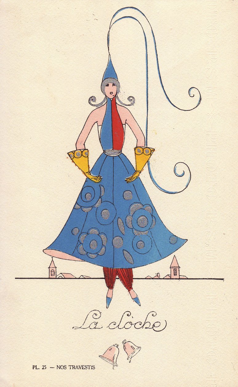 Femme en costume de fantaisie en forme de cloche, la cloche, avec chapeau, robe et gants en forme de cloche, et clochers en arrière-plan. Lithographie par un artiste inconnu avec coloriage au pochoir tirée de « Nos Travestis », Paris - Unbekannter Künstler