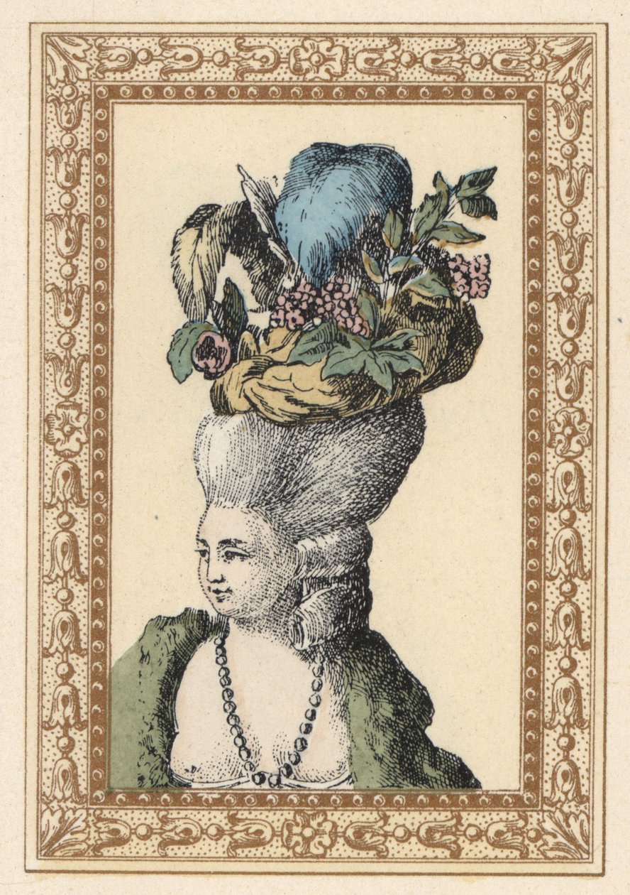 Femme avec coiffure relevée avec un bonnet décoré de raisins et de plumes appelé Bonnet Racy dans un parc anglais - Unbekannter Künstler