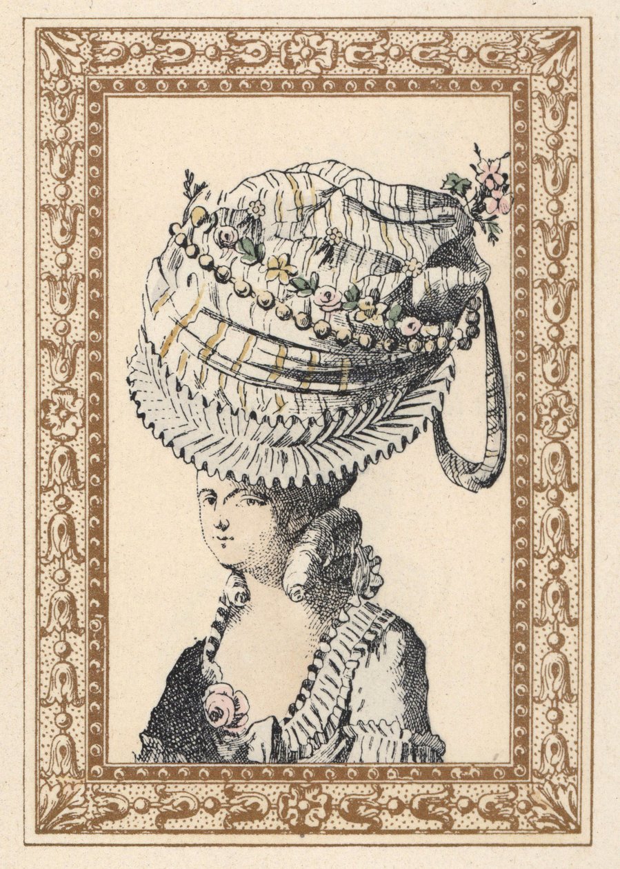 Femme portant un énorme chapeau appelé le Bonheur du Siècle. Lithographie colorée à la main par de Laubadère tirée de « Coiffures de Style ou Parure Excentrique de l