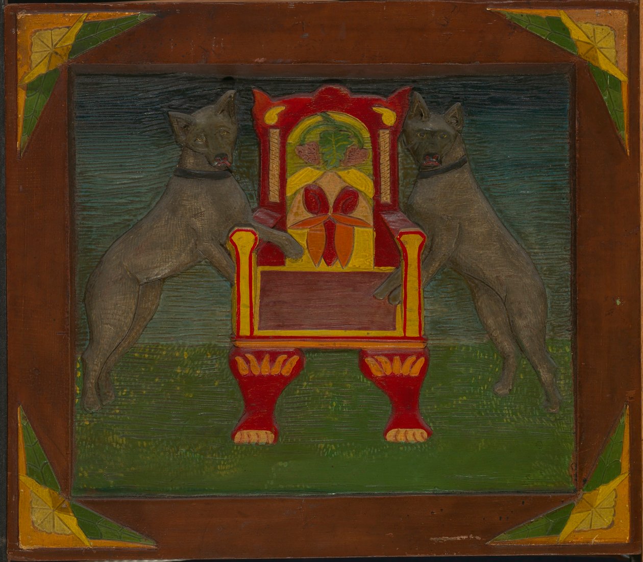 Panneau emblématique avec deux chiens et un trône - Unidentified