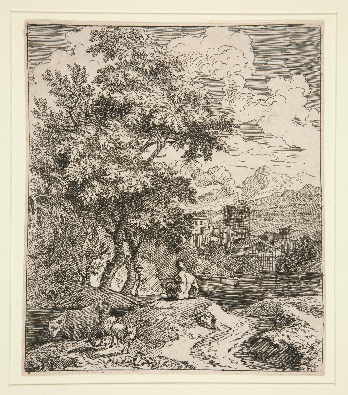 Un berger, deux moutons et une vache dans un paysage - Unknown