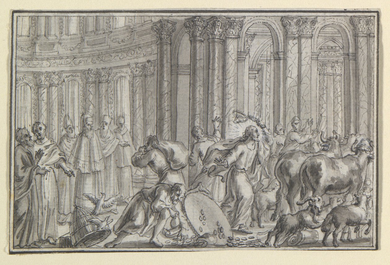 Christ chassant les marchands du Temple, une des quatre scènes de la Vie du Christ - Unknown