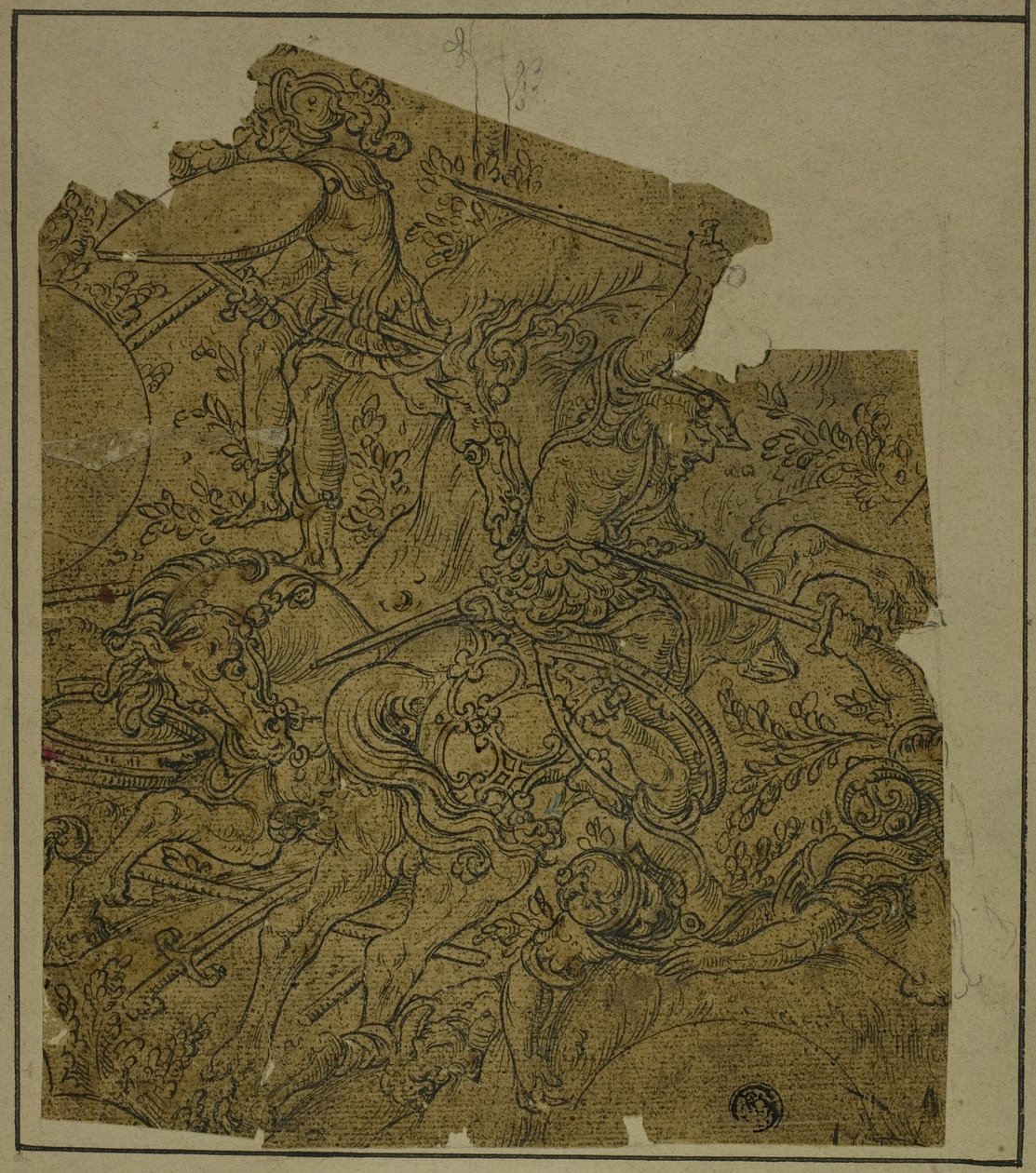 Fragment : Guerriers armés à cheval combattant des fantassins - Unknown