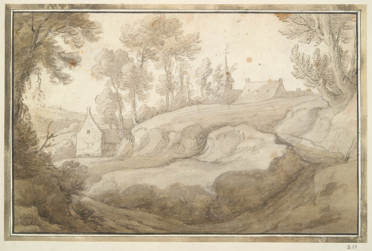 Paysage vallonné avec maison et église à mi-distance - Unknown