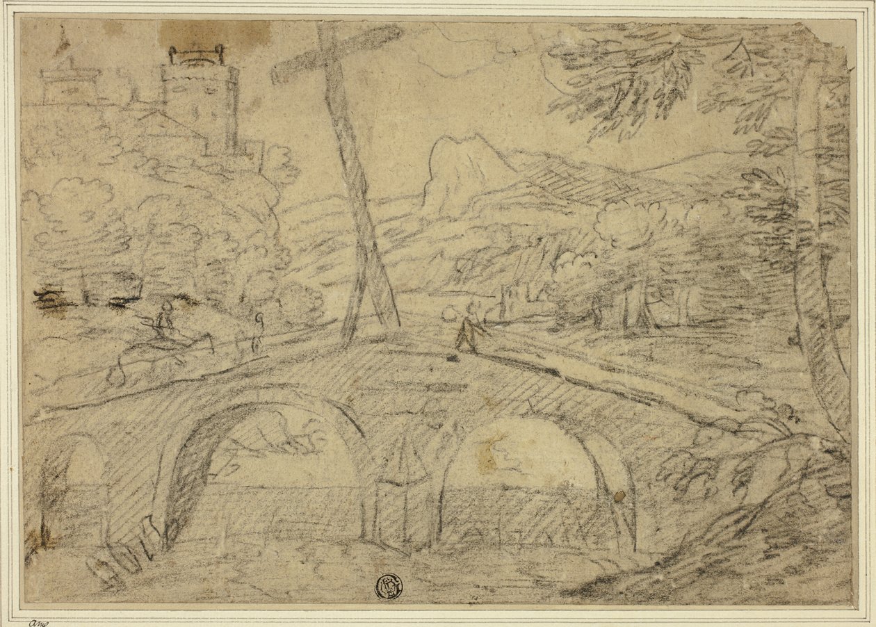 Paysage avec pont sur gorge, avec montagnes et château au loin - Unknown