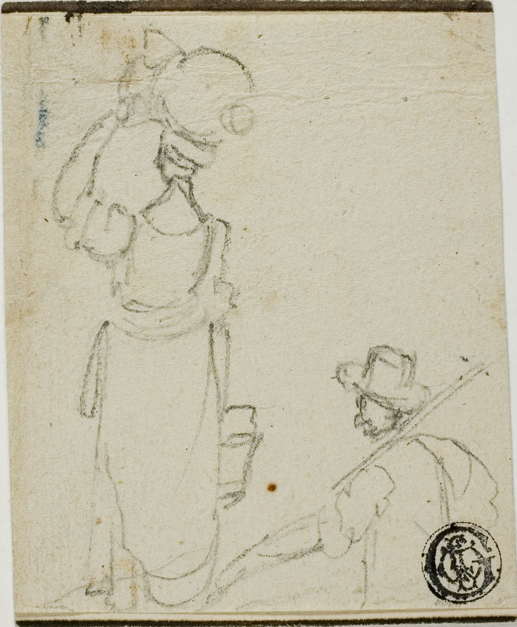 Homme avec un bâton suivant une femme avec une cruche sur la tête - Unknown