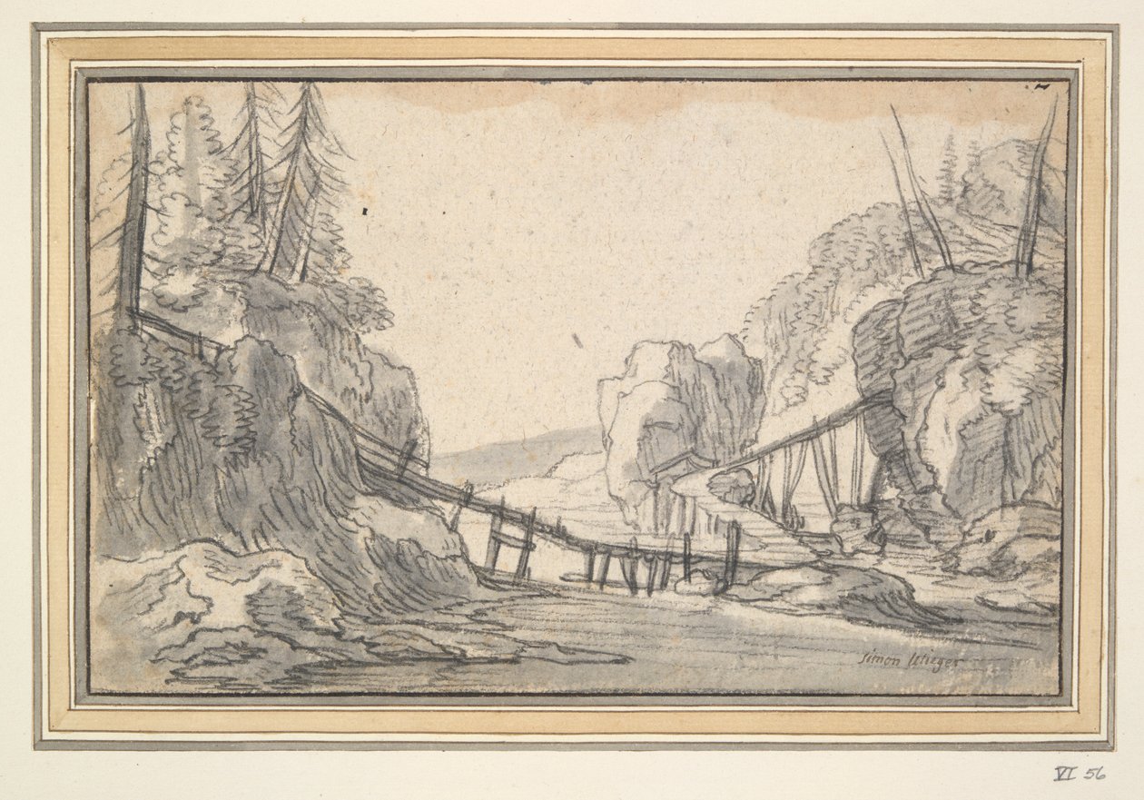 Paysage montagneux avec pont en bois - Unknown