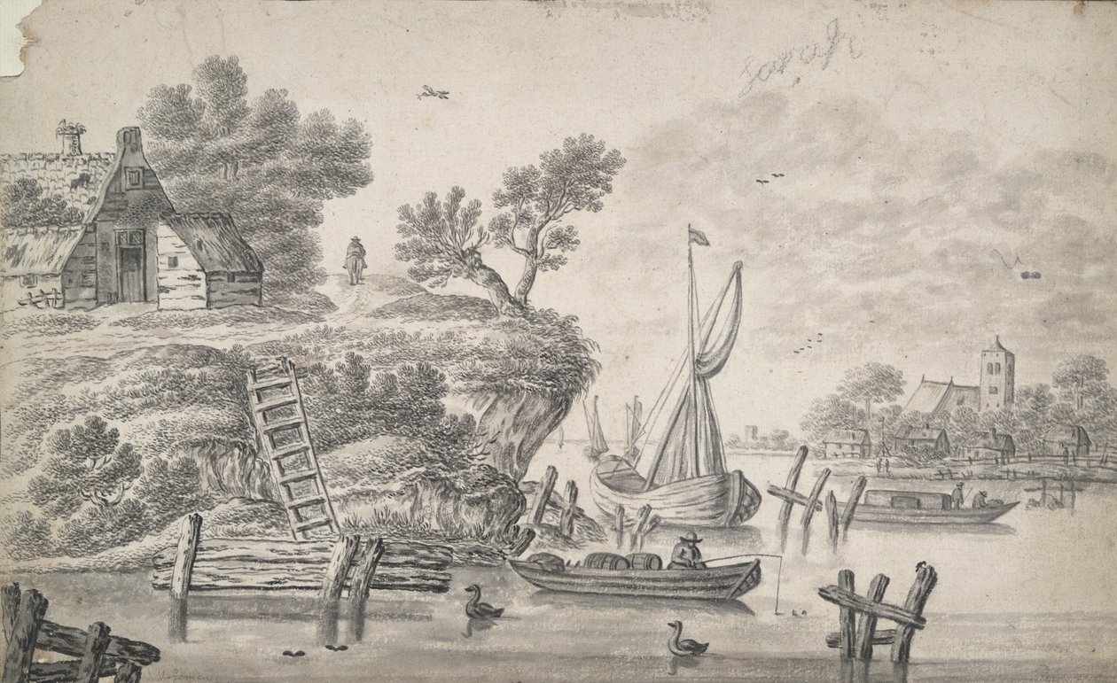 Paysage fluvial avec haute berge à gauche - Unknown
