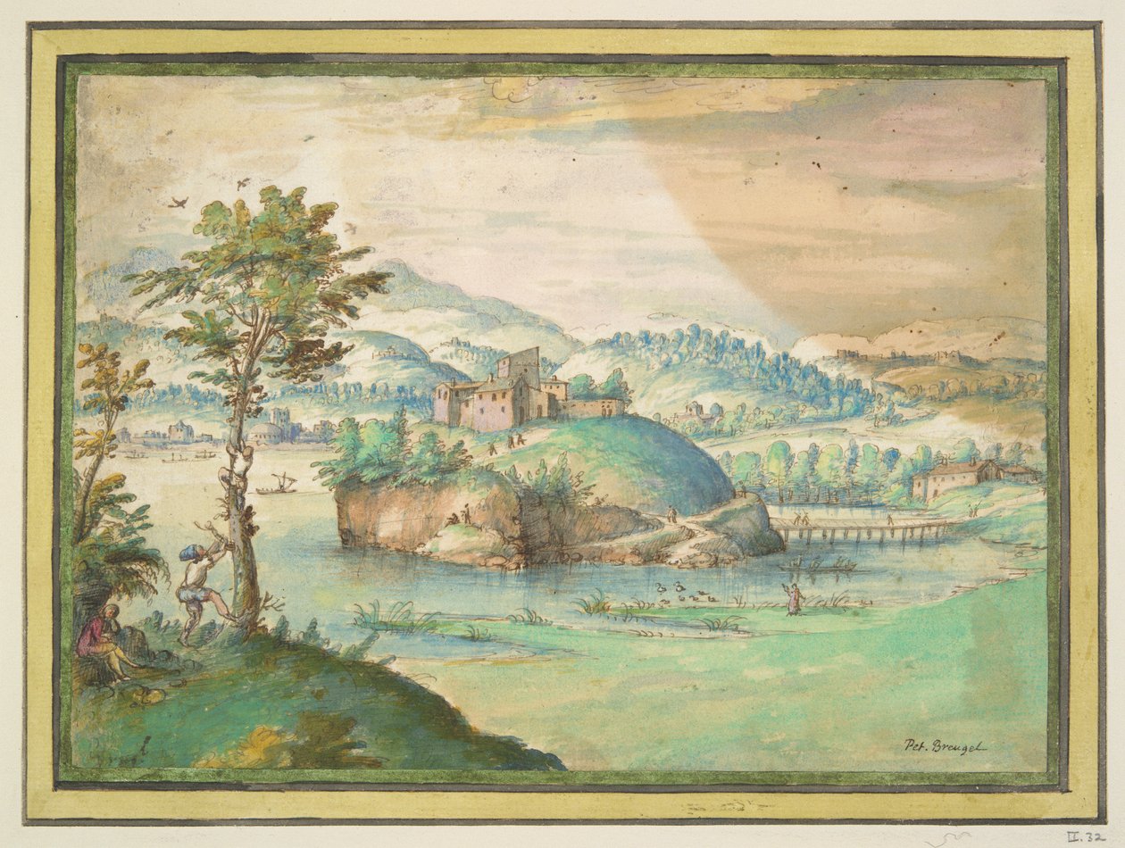 Paysage fluvial avec un homme grimpant à un arbre - Unknown