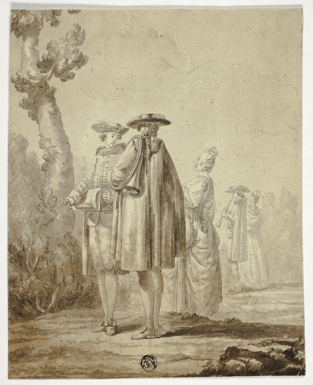 Trois musiciens et deux dames en extérieur - Unknown