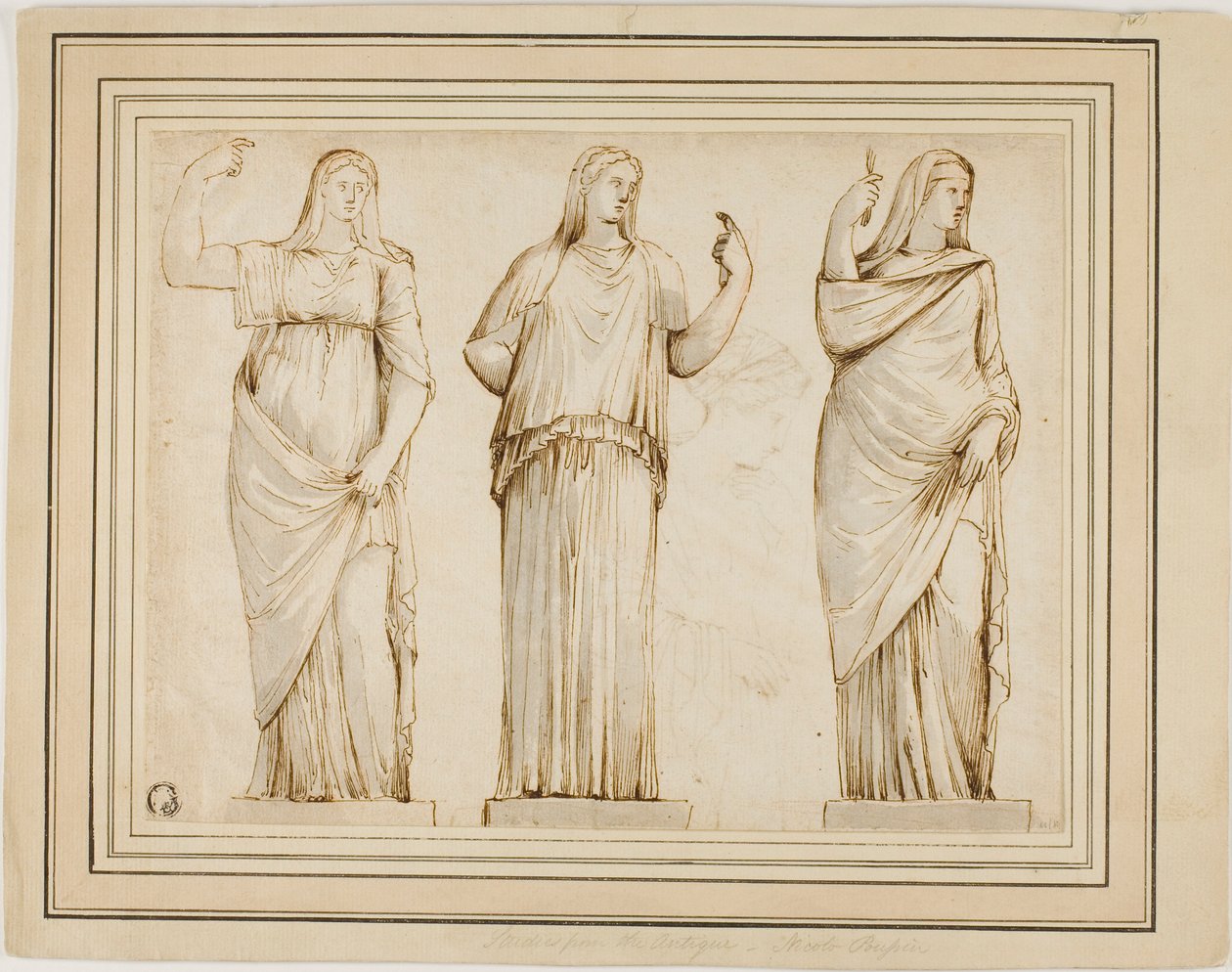 Trois statues romaines de figures féminines drapées et croquis d