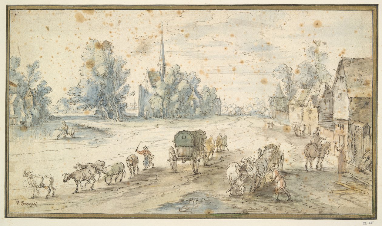 Rue de village avec bétail et charrettes - Unknown