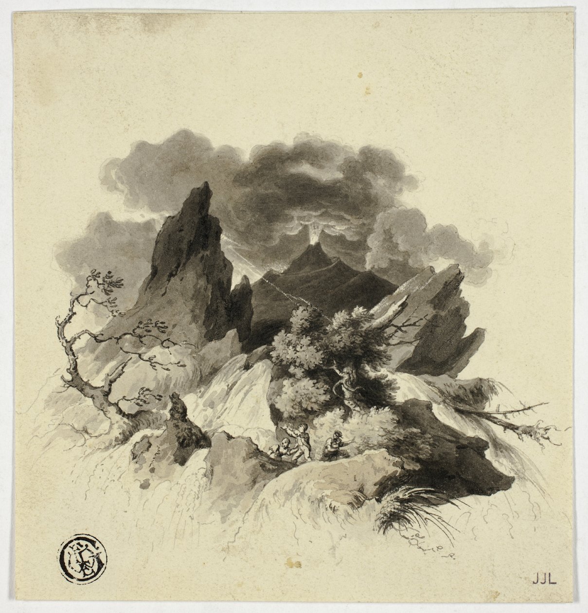 Tempête Violente dans les Montagnes avec Volcan en Éruption au Loin - Unknown
