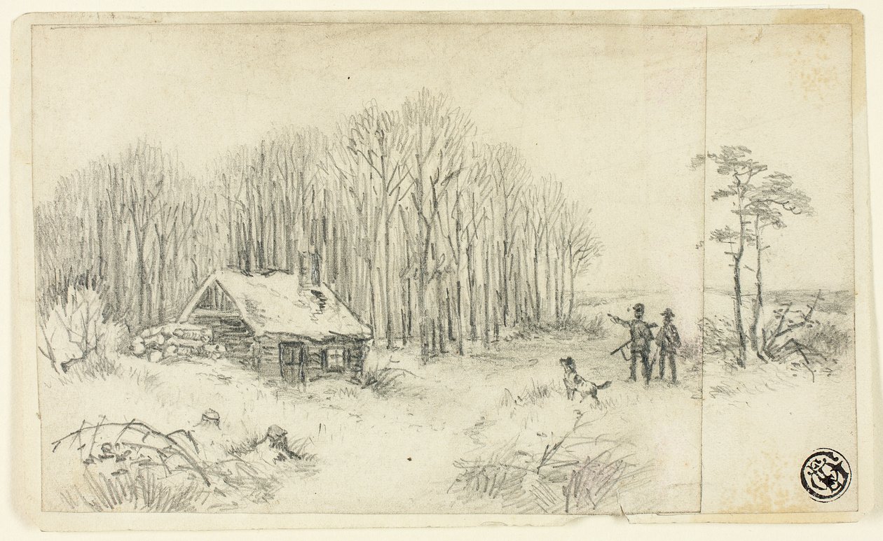 Cabane en forêt, avec des chasseurs approchant - Unknown