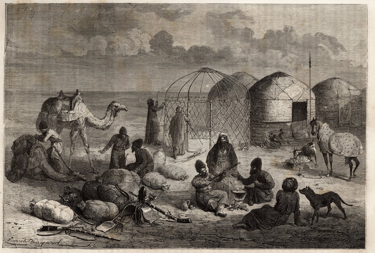 Un camp turcoman à la frontière du Turkestan et de la Perse, chaque tente, composée de treillis en bois et recouverte de feutre, abrite une famille. Gravure pour illustrer le récit d