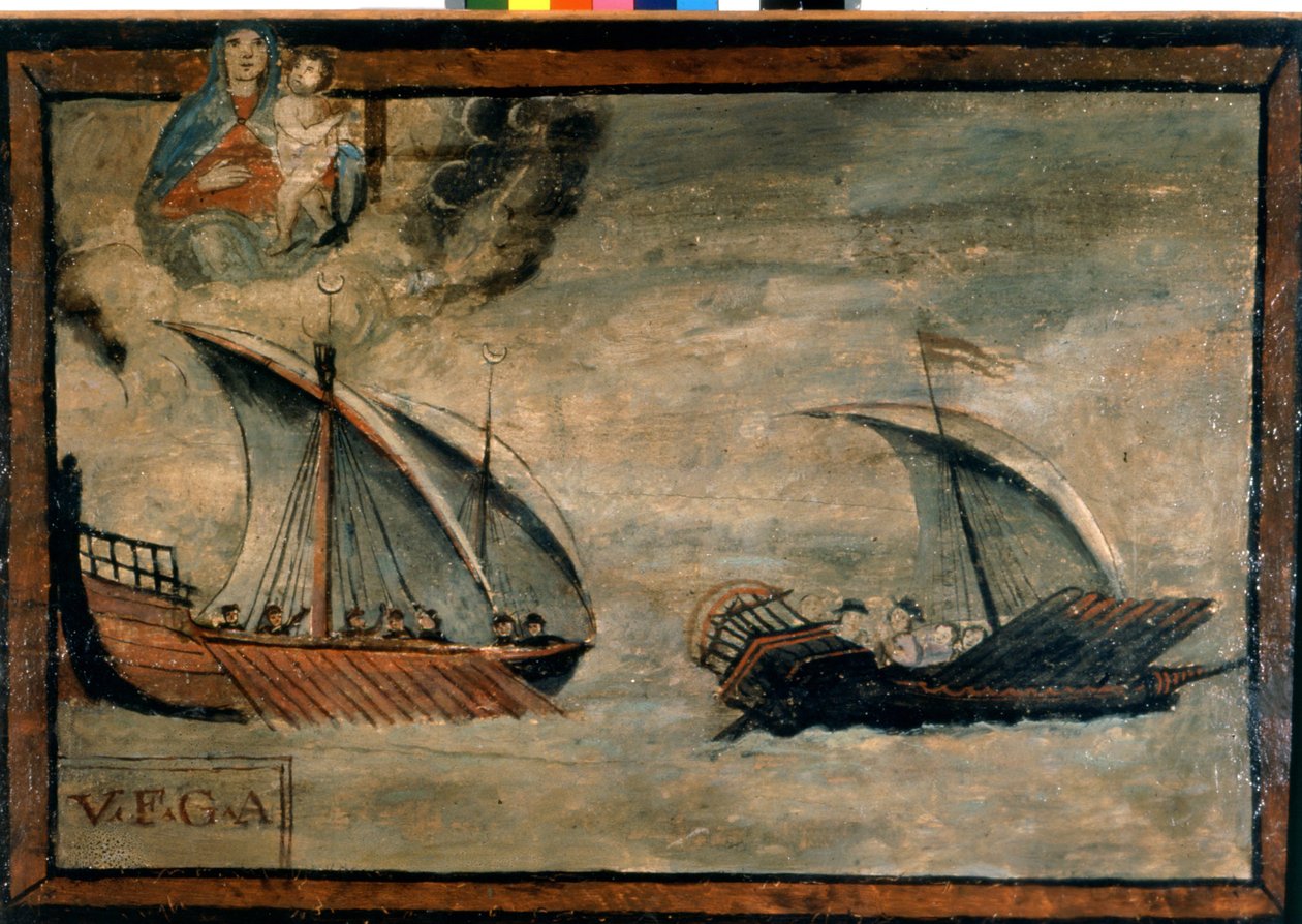 Une galère turque poursuit une galère du Royaume de Naples. Ex-voto du 17ème siècle. Église de la Madonna dell
