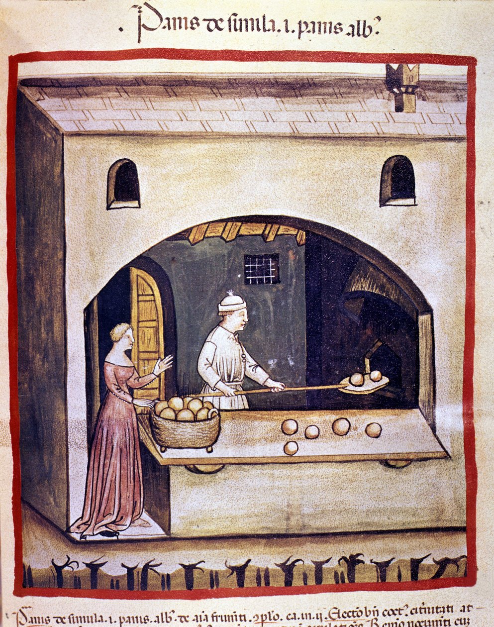 Un boulanger prépare du pain blanc et du pain de semoule. Enluminure du « Tacuinum sanitatis » - Unknown artist