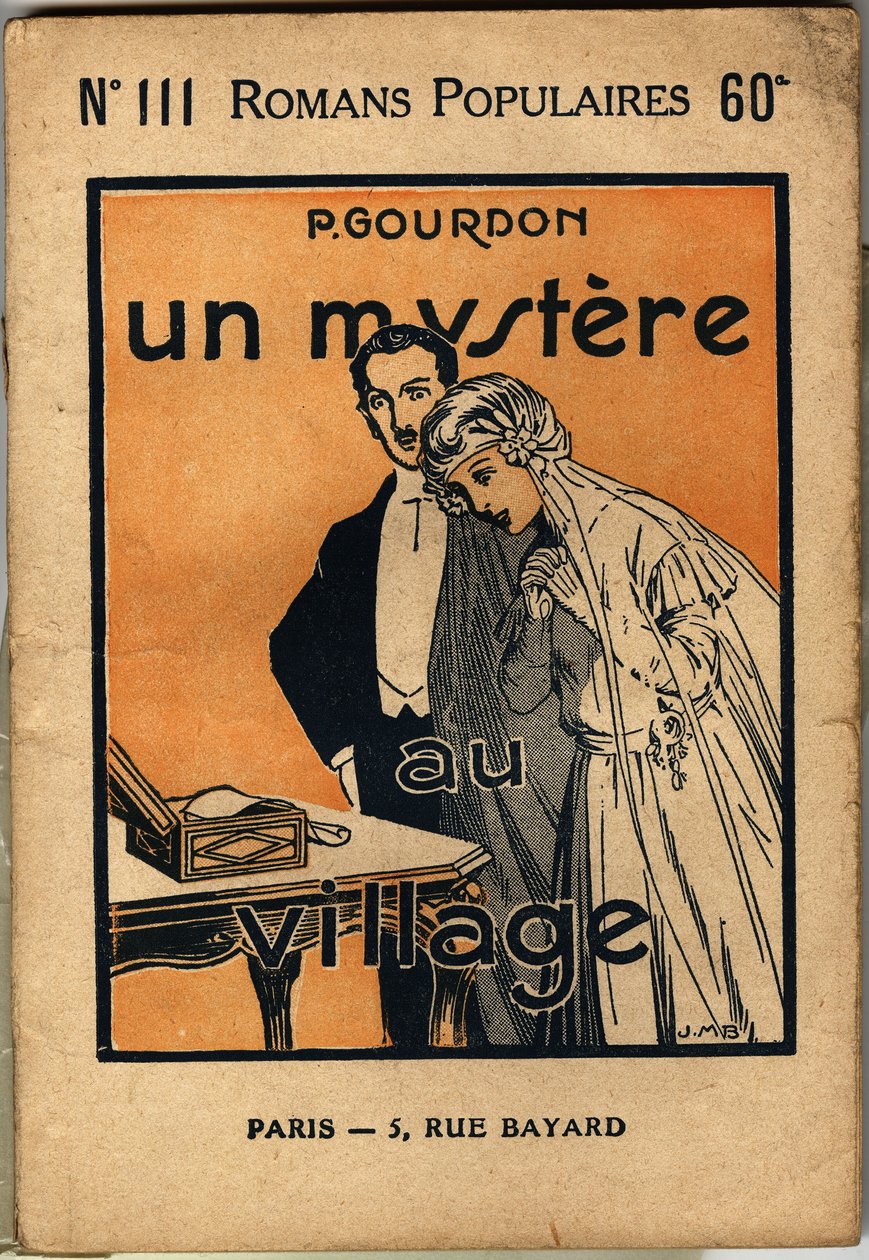 Un couple de jeunes mariées découvre une lettre qui ravit la femme mais surprend beaucoup le mari. Illustration de couverture du roman populaire "Un mystère au village" de P. Gourdon, édition bonne presse, Paris 1923. Collection Selva. - Unknown Artist