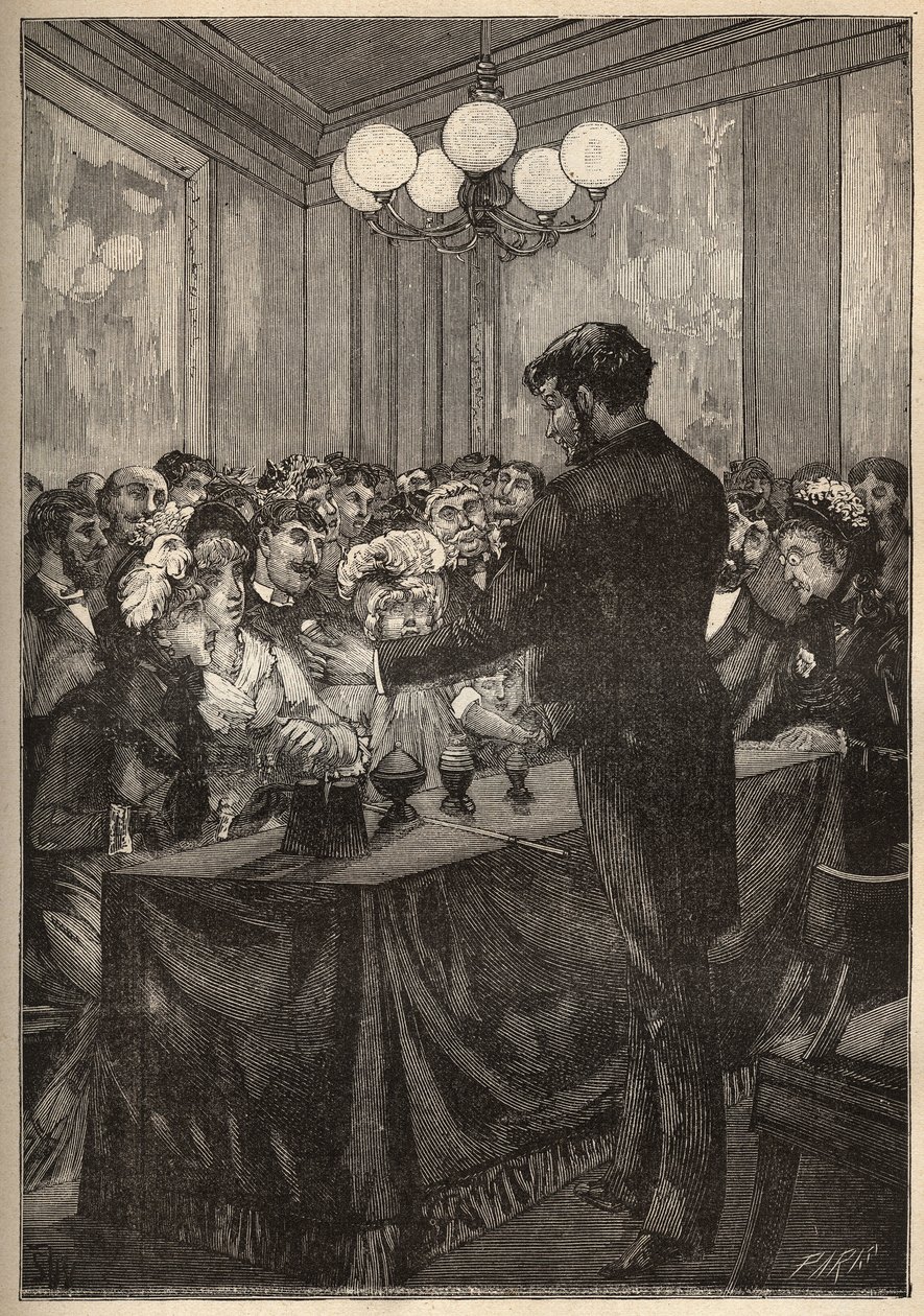 Un magicien utilisant une boîte de muscade pour faire apparaître et disparaître une balle. Gravure de 1885 dans « Les arts et métiers illustrés » par Adolphe Bitard - Unknown artist