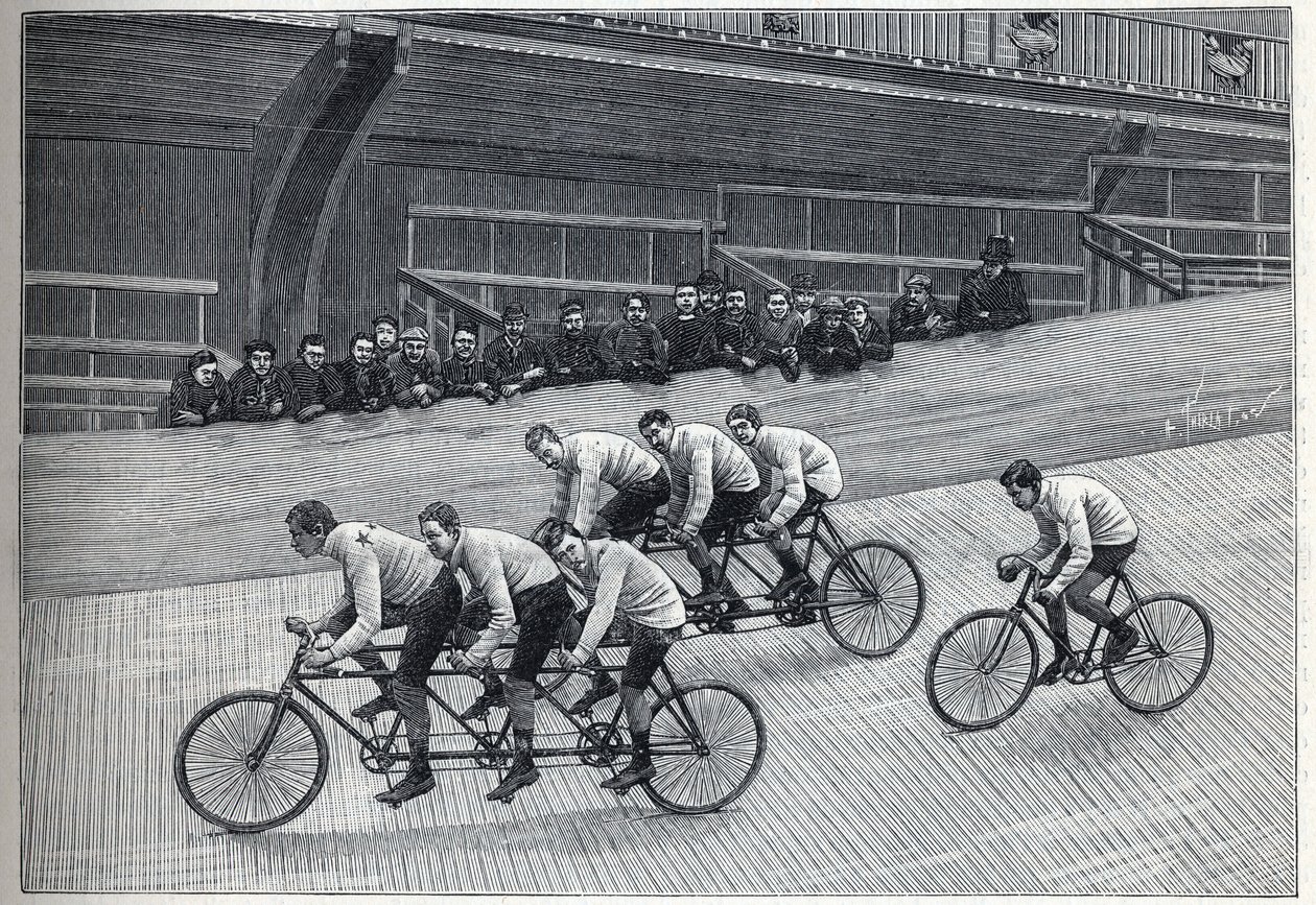 Un cycliste recordman avec ses entraîneurs sur des trains triplets sur une piste cyclable. Gravure dans « La Nature » - Unknown artist