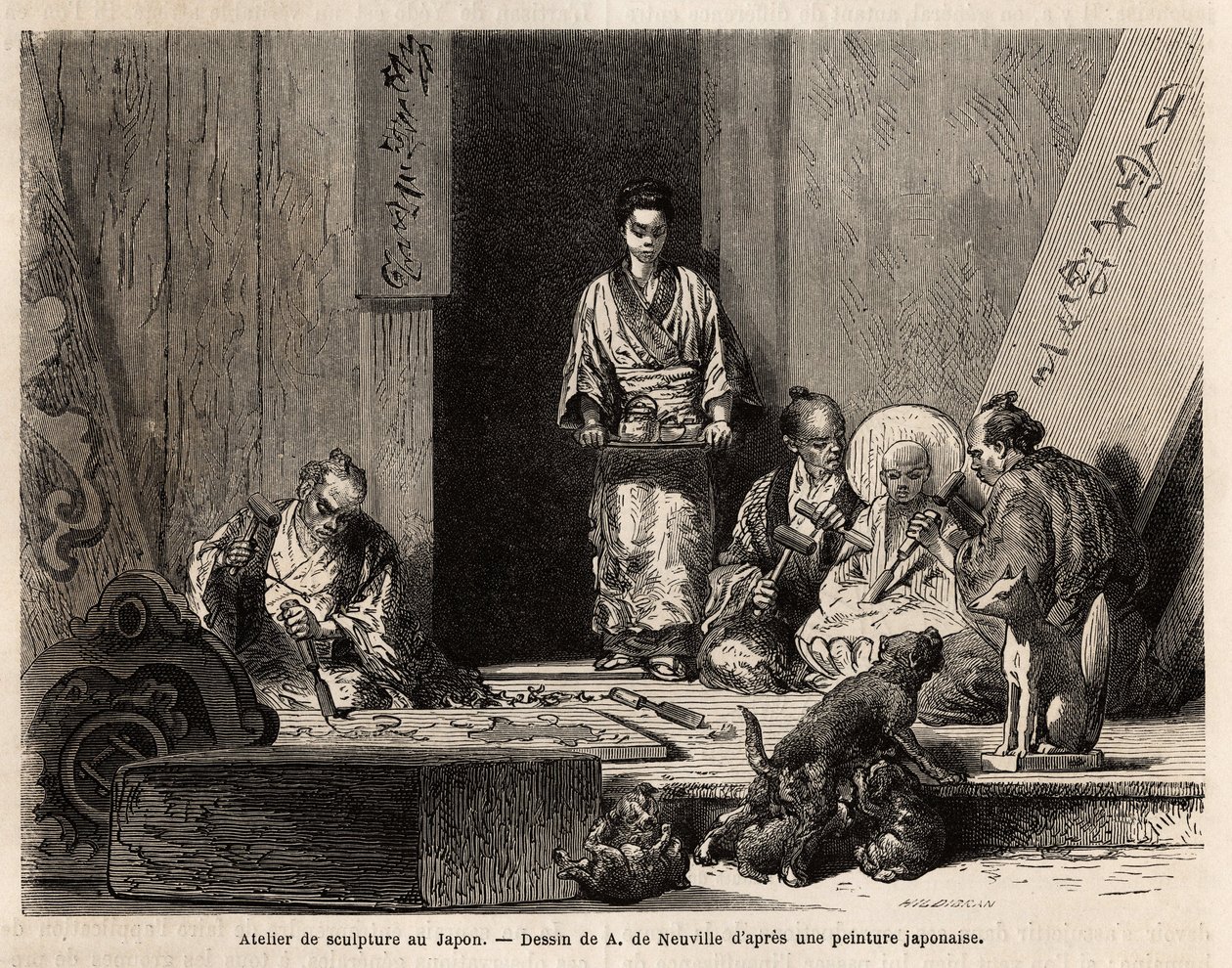 Un atelier de sculpture à Yedo (ou Edo, Tokyo actuel), taillant du granit pour la fabrication de piliers, statuettes, candélabres et pierres tombales, ainsi que la sculpture sur bois, pour la fabrication de panneaux d