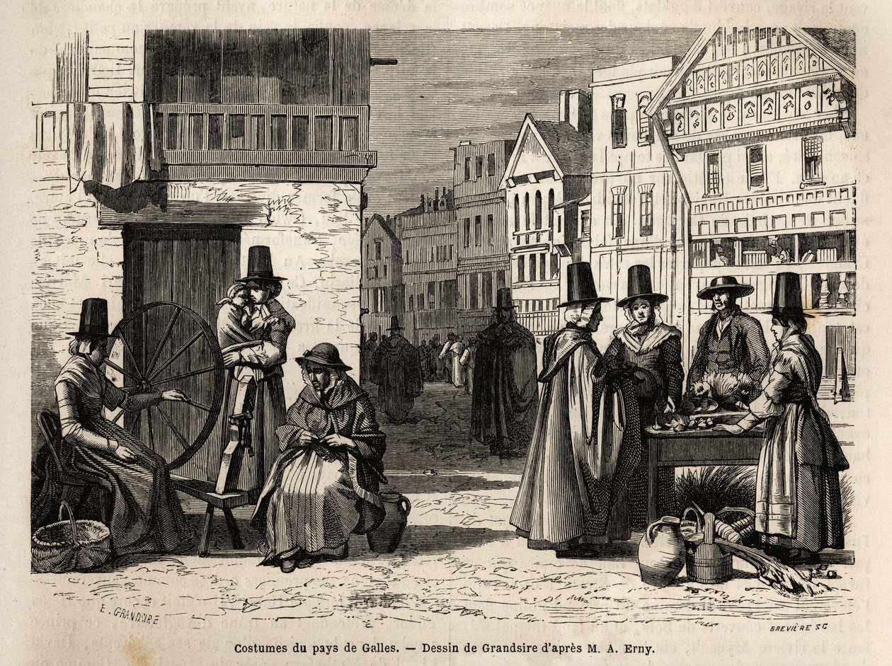 Une rue au Pays de Galles, avec des habitants vêtus de costumes traditionnels, et des activités quotidiennes : une famille et des femmes filant la laine avec des rouets. Gravure pour illustrer un voyage au Pays de Galles, en 1862, par Alfred Erny, dans « L - Unknown artist