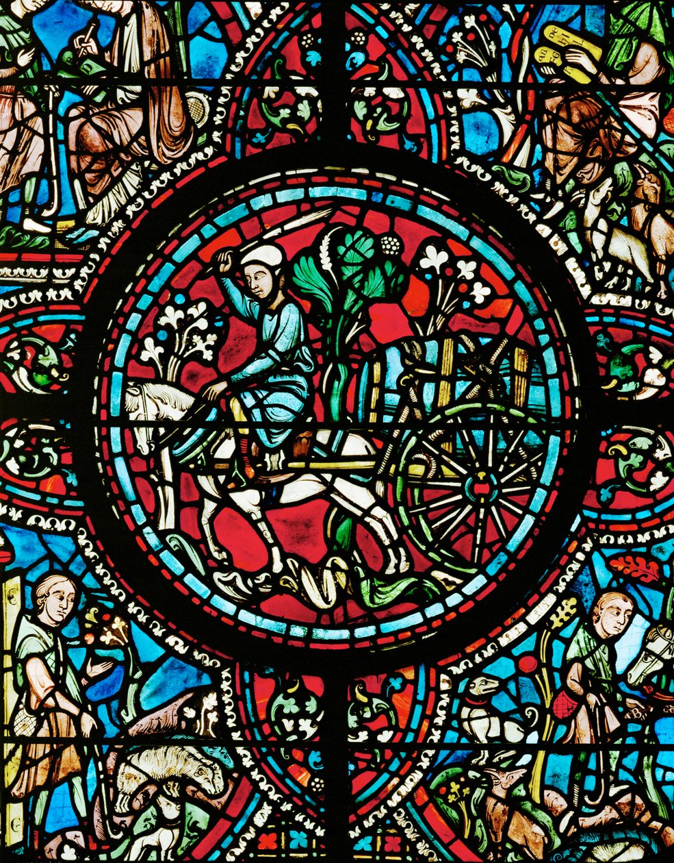 Un marchand de vin transporte un tonneau de vin, attaché à la charrette par une corde solide (vitrail) - Unknown Artist