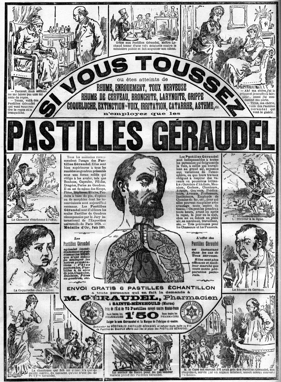 Publicité pour les pastilles Géraudel par le pharmacien Arthur Géraudel (1841-1906) à Sainte-Menehould contre la toux. Gravure dans « Le Monde illustré » - Unknown artist