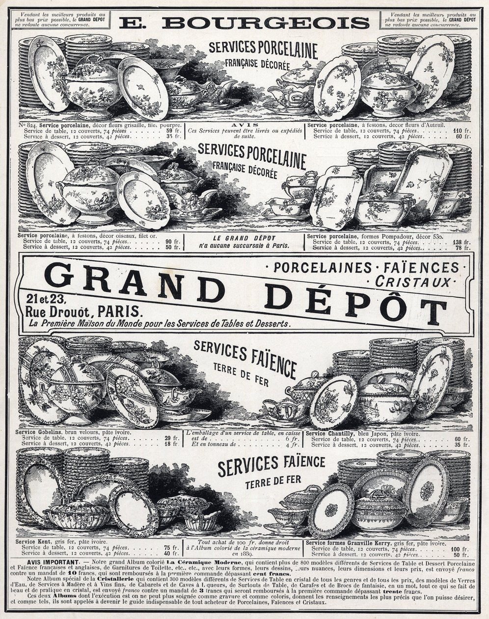 Publicité de 1889 pour « La Céramique Moderne par Le Grand Dépôt De Porcelaines, Faïences Et Verreries Bourgeois à Paris » - Unknown artist