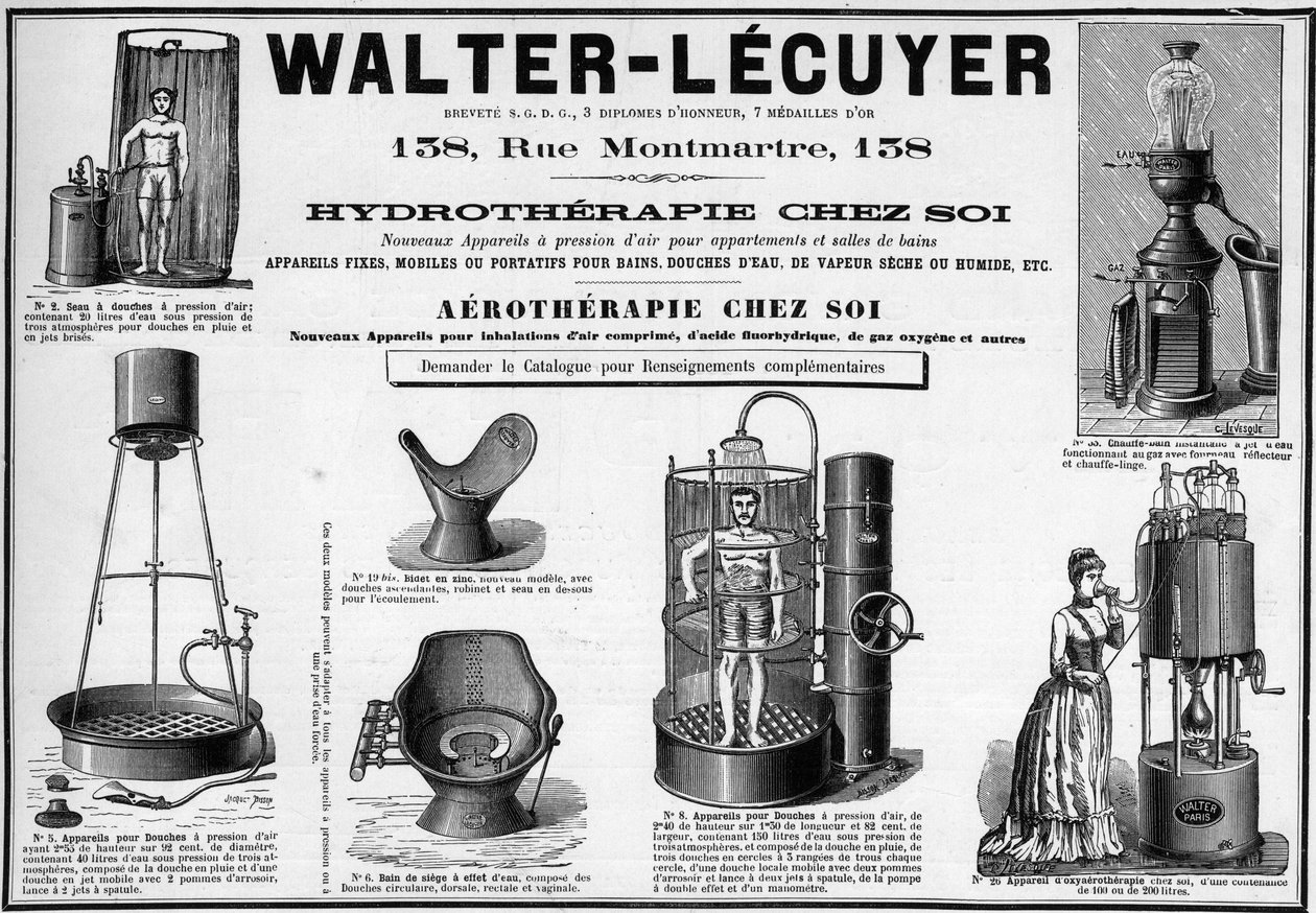 Publicité de 1889 pour des installations mobiles pour bains, douches, vapeur sèche ou humide, bidet, marque Walter-Lecuyer - Unknown artist