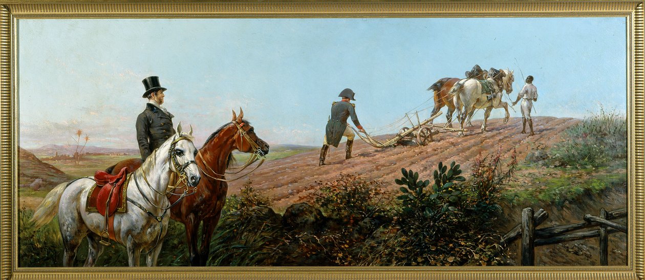 Allégorie représentant Napoléon labourant sous la supervision de son serviteur noir à Sainte-Hélène, huile sur toile par Olivier Pichat (1825 - 1912) - Unknown artist