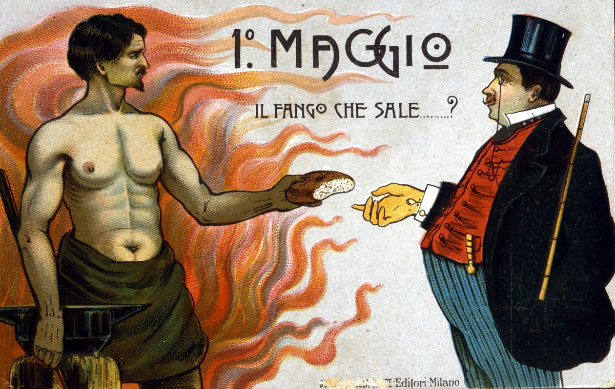 Allégorie des luttes de classes : 1er mai : la boue monte, un ouvrier offre du pain à un bourgeois. 1898 - Unknown artist