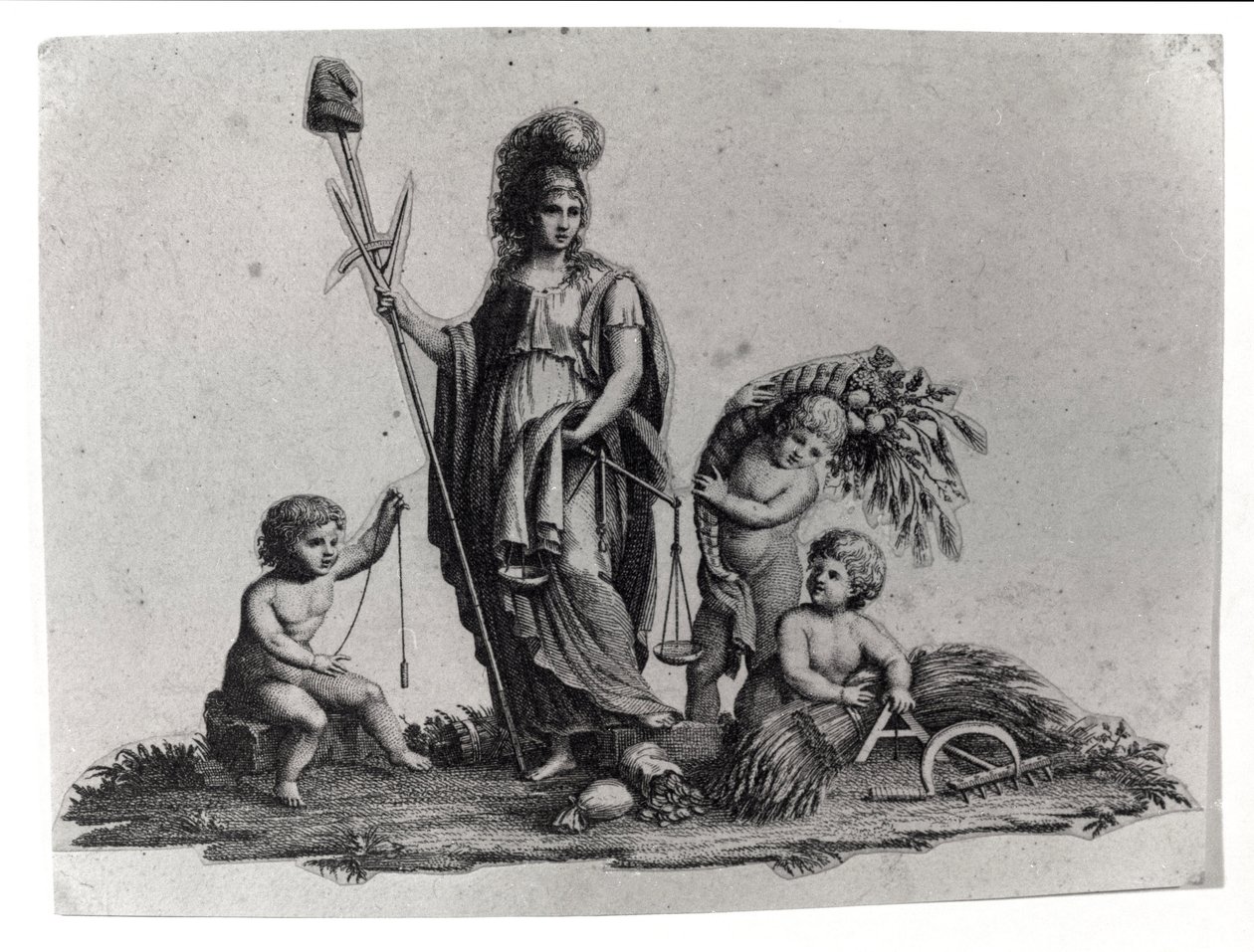 Allégorie de la République Cisalpine (Cisalpina) créée par Napoléon Bonaparte le 27/06/1797 sur le modèle français en Italie, devenue la République Italienne en 1802. Les symboles de la République Française sont représentés. Gravure Museo del risorgimento, - Unknown artist