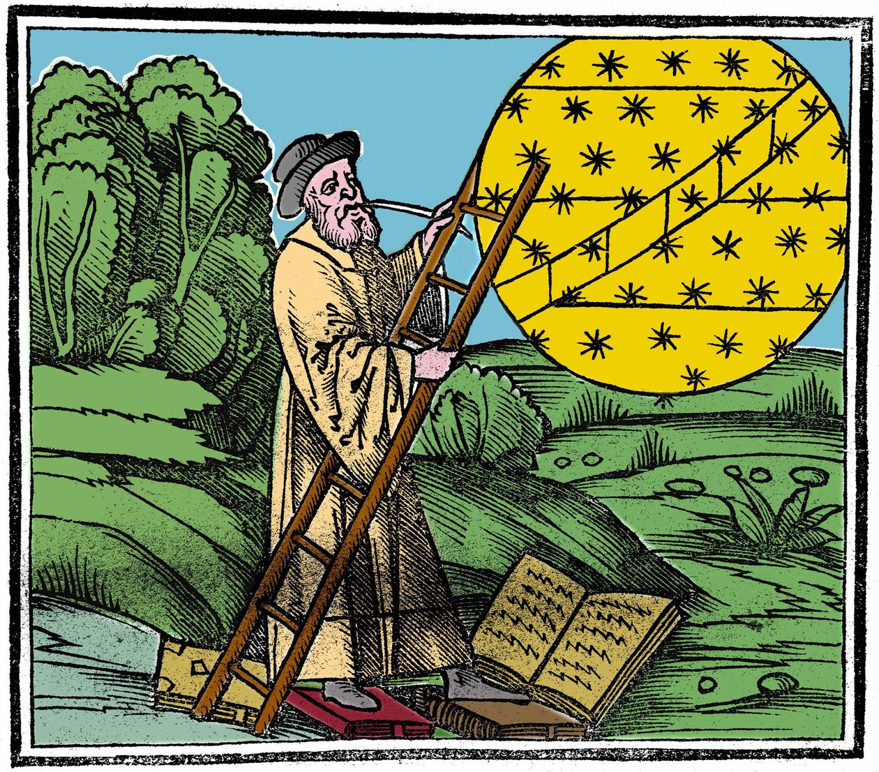 Un astronome posant une échelle pour monter au ciel - Unknown artist