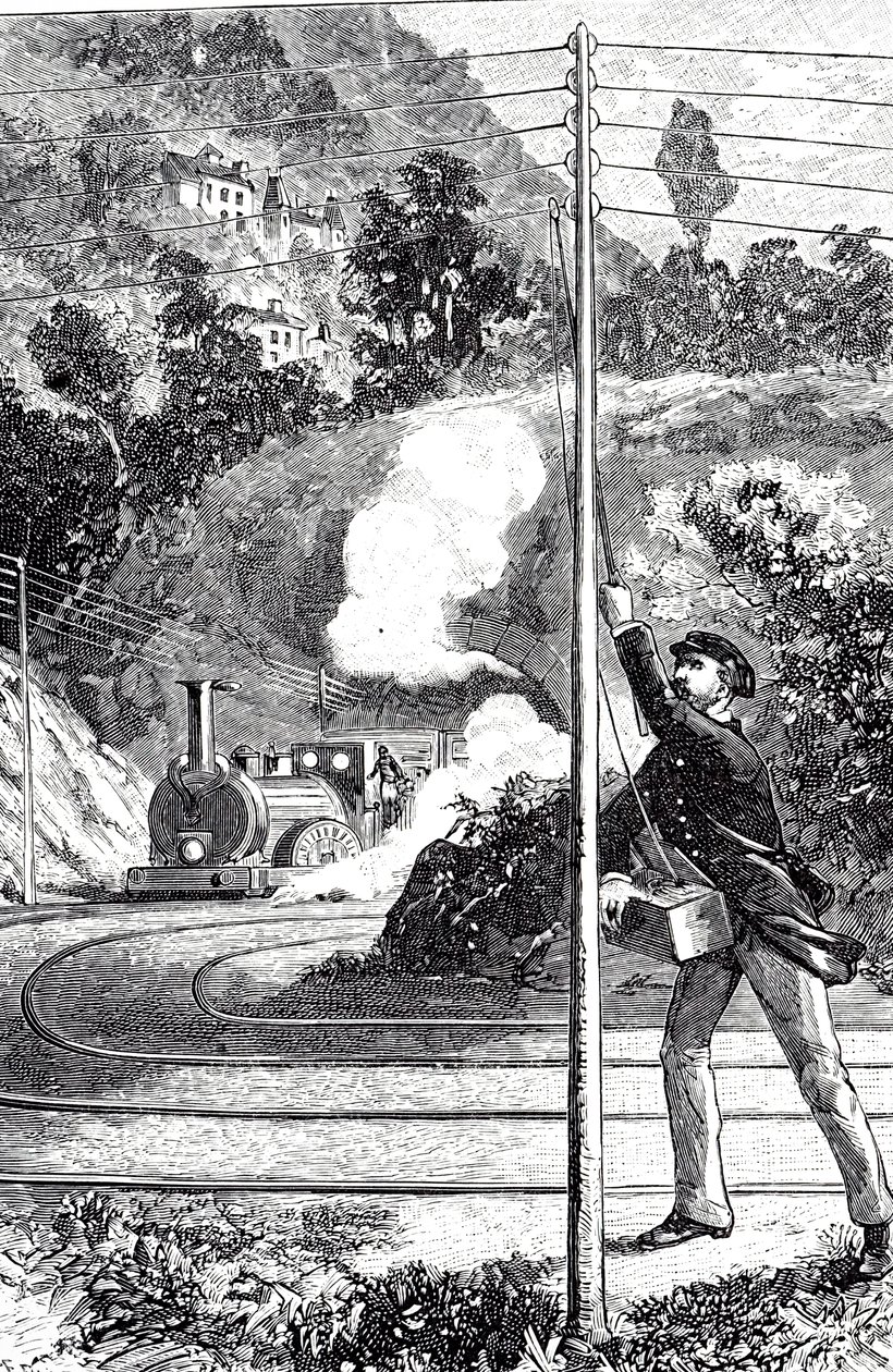 Gravure représentant un travailleur ferroviaire envoyant un signal d
