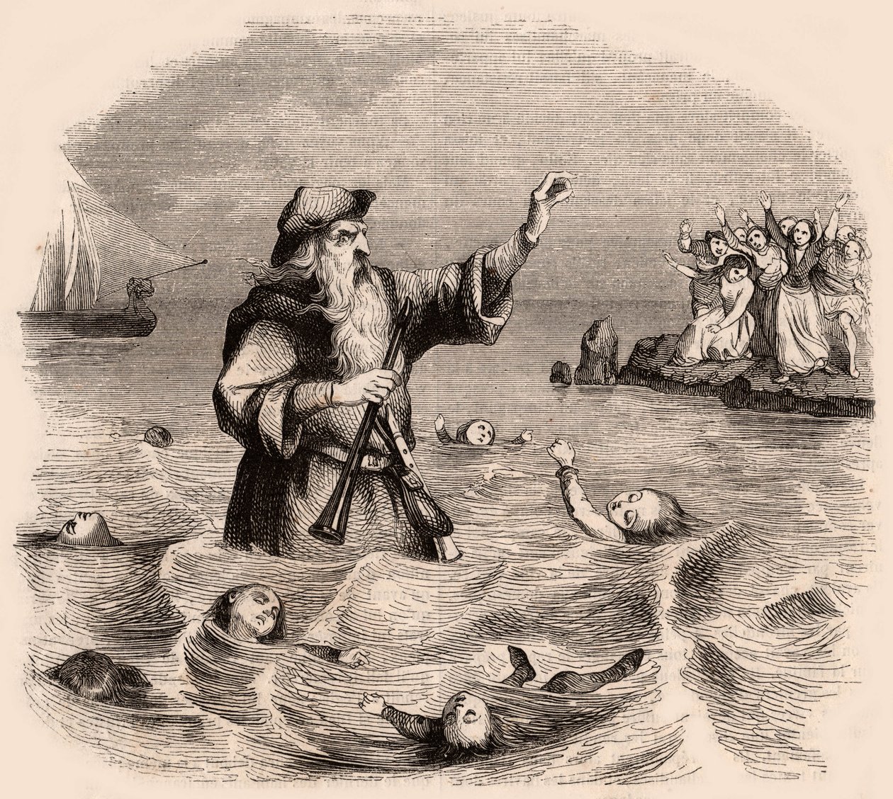 Un vieil homme noyant des enfants dans la mer, d