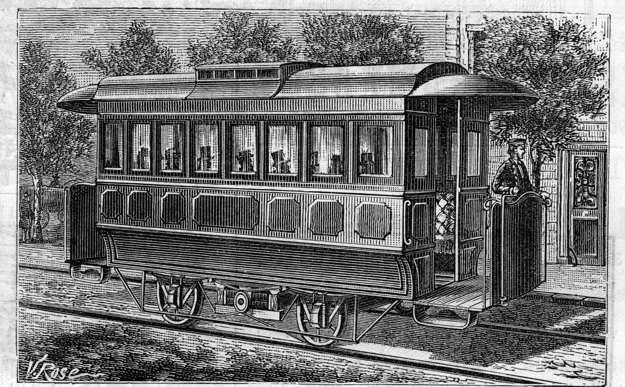 Application des batteries Faure : Tramway électrique, modèle de la compagnie des Omnibus, alimenté par des batteries. Gravure dans « Le Monde Illustré » - Unknown artist