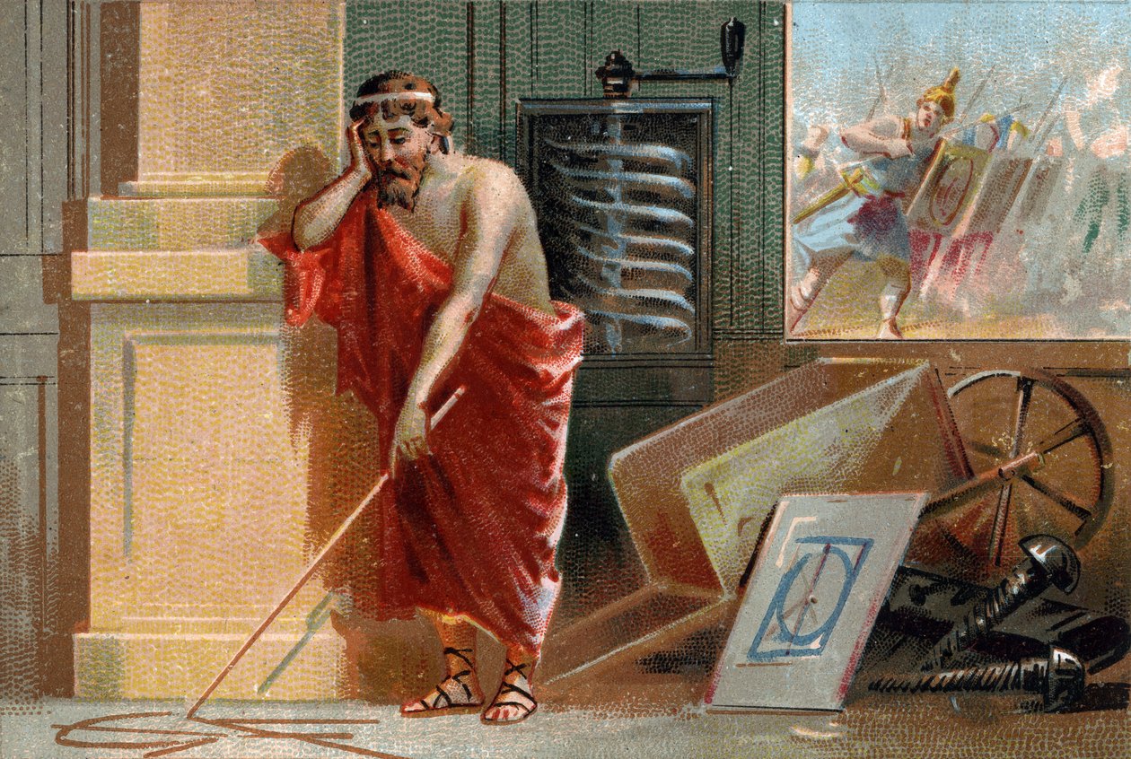 Archimède de Syracuse (287-212 av. J.-C.) traçant des formes géométriques sur le sol, bientôt arrêté par des soldats romains en bas de la scène. Dans son atelier, on peut reconnaître ses diverses inventions : la vis et la brouette. Chromolithographie du XI - Unknown artist