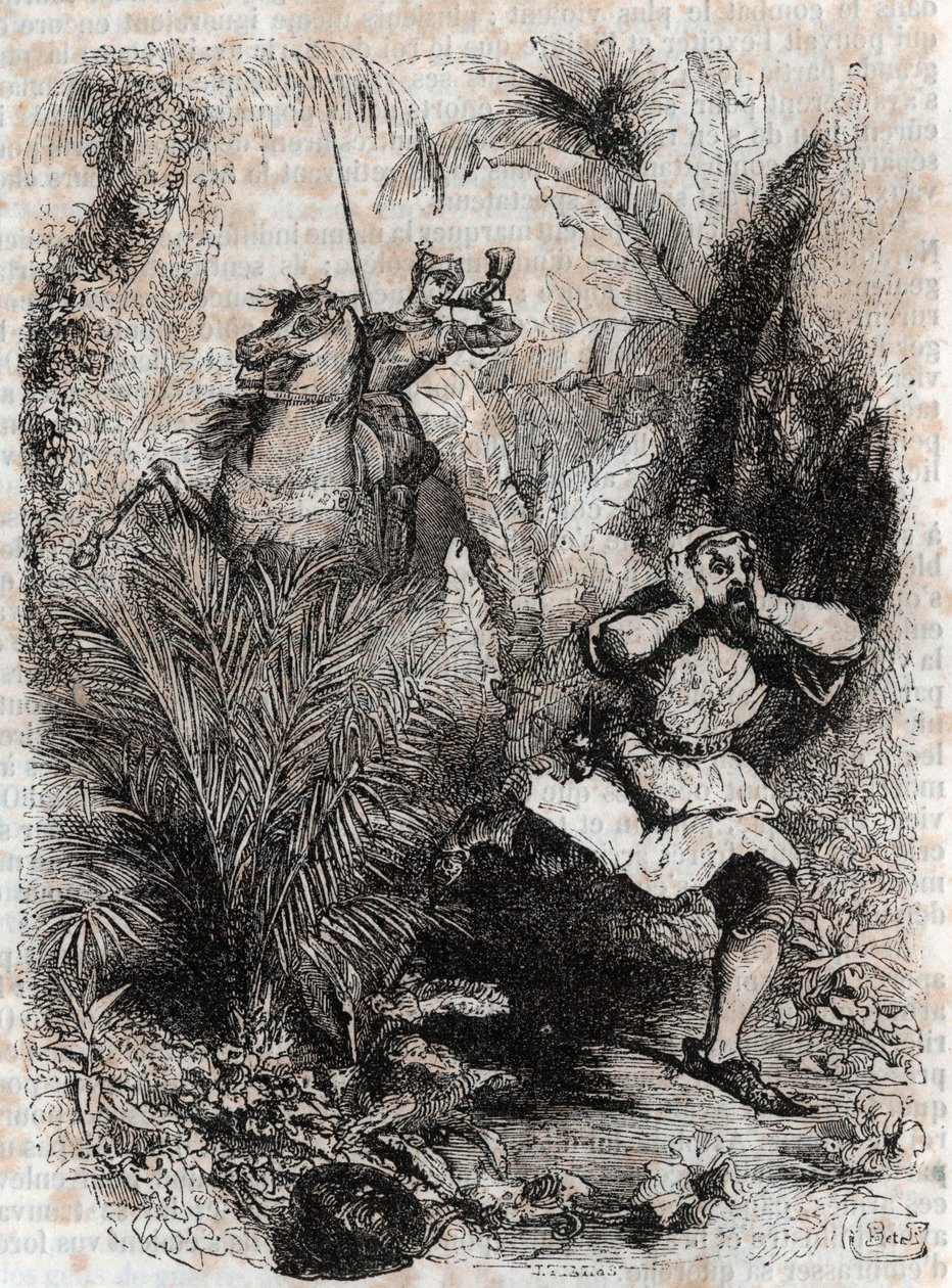 Astolphe fait fuir Caligorant - gravure de 1851 de « Roland furieux » (Orlando furioso) (16e siècle) par Ludovico Ariosto, connu sous le nom d
