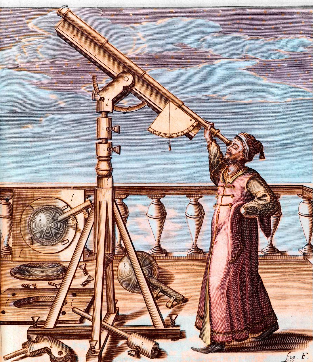 Astronome observant le ciel avec un télescope - de : Johannes Hevelius (1611-1687), Selenographia, sive Lunae descriptio (Sélénographie, ou Une Description de la Lune) - Unknown artist