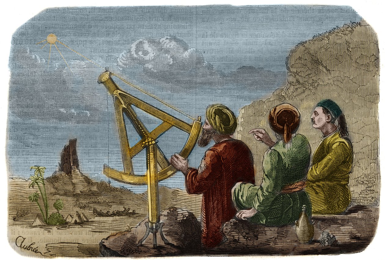 Astronomie : scientifiques arabes mesurant la hauteur du Soleil dans la plaine de Babylone vers 825. Ils utilisent un quart de cercle avec des pinnules. Gravure de 1857 dans « Le Musée Des Sciences » - Unknown artist