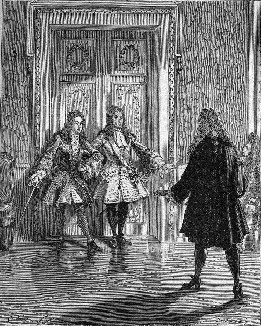 Août 1718 : Saint-Simon bloquant le passage au duc du Maine. Gravure du 19e siècle. Dans « Histoire de France » de Jules Michelet - Unknown artist
