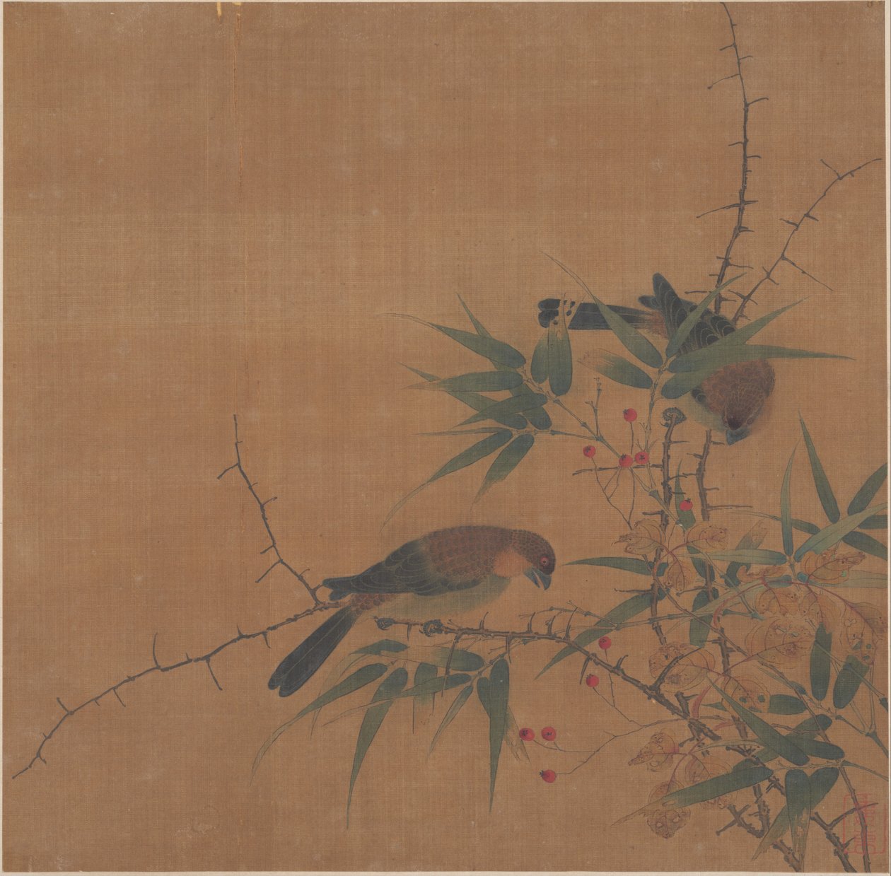 Branche de bambou avec baies et oiseaux - Unknown Artist