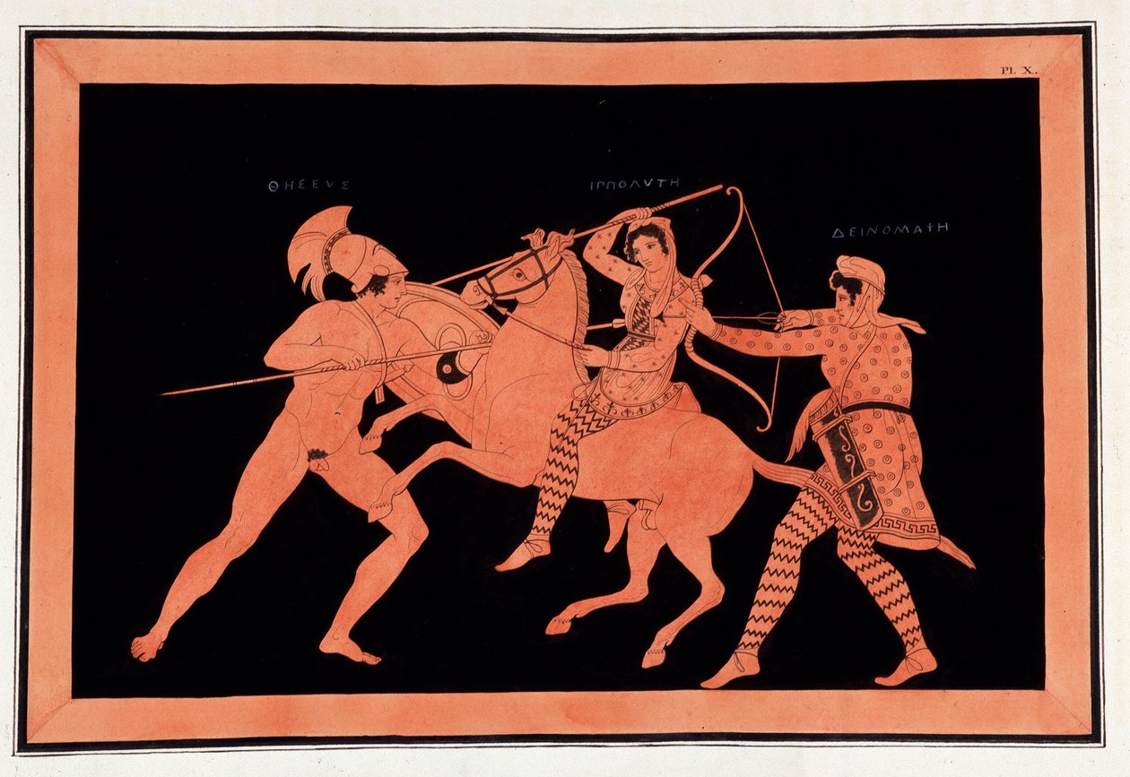 Bataille des Amazones Hyppolyte et Deinomache contre Thésée - « Peintures de vases antiques, communément appelés étrusques », de diverses collections et gravées par A. Clener, accompagnées d