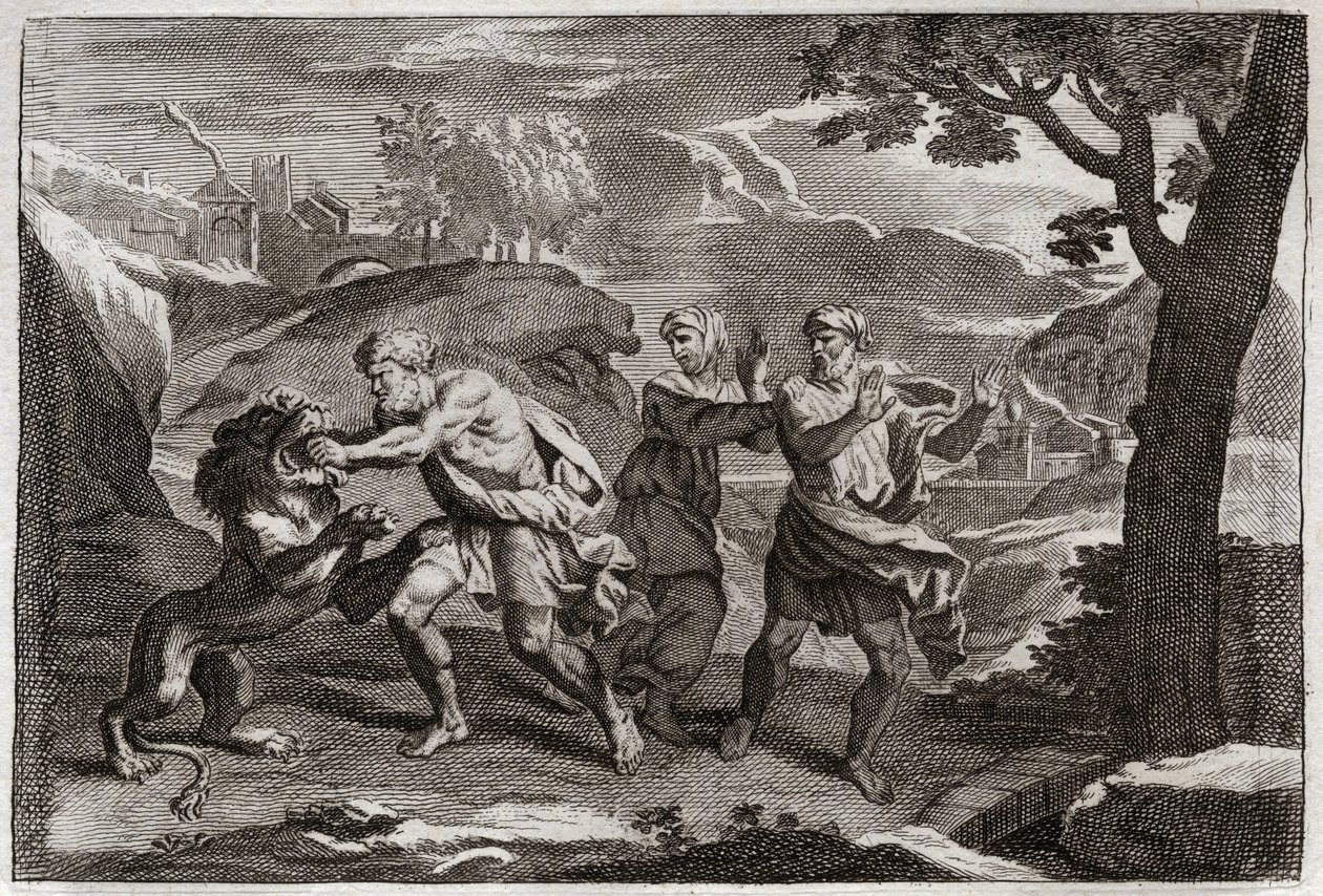 Bible de Royaumont, Ancien Testament : Naissance de Samson. Samson déchire un lion en morceaux. Illustration de 1811 - Unknown artist