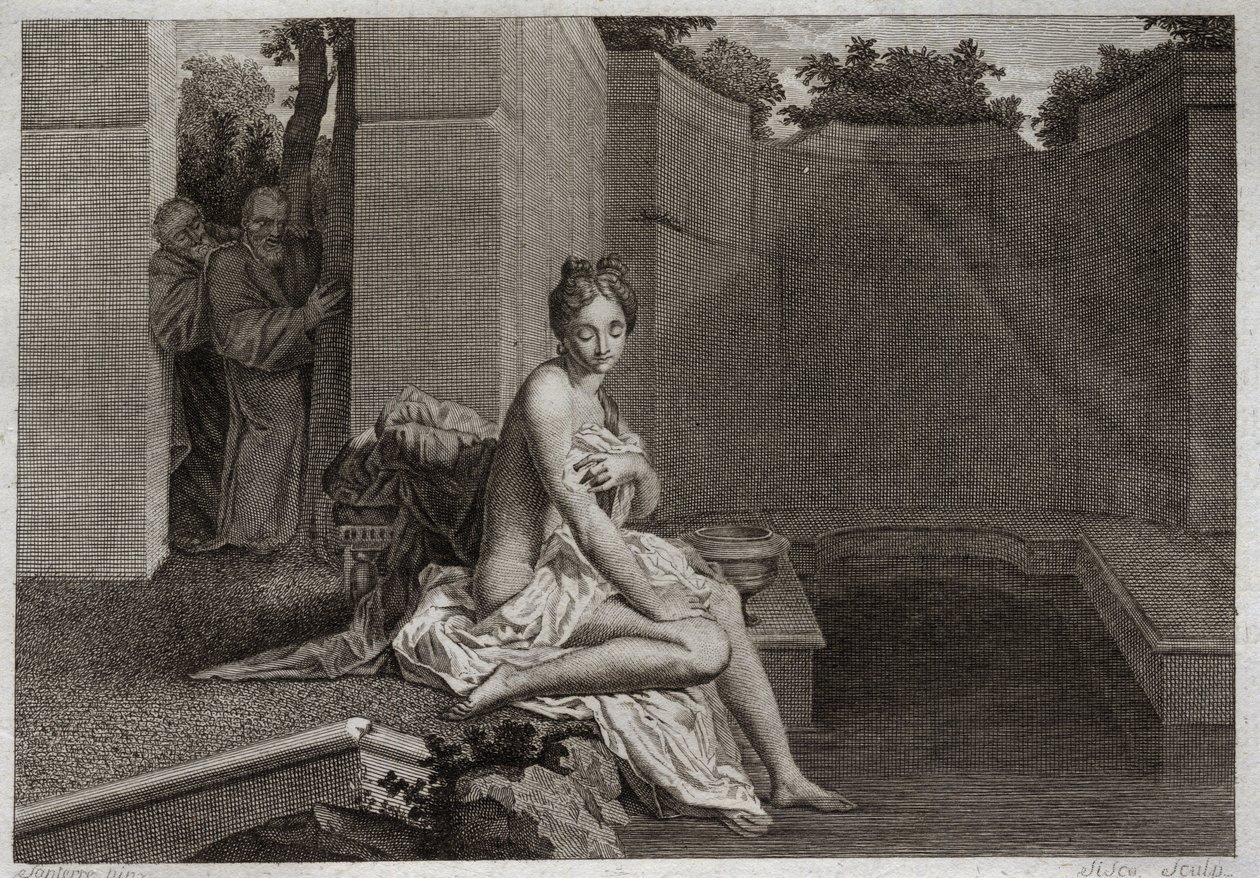 Bible de Royaumont, Ancien Testament : Chasteté de Suzanne. Deux anciens, juges du peuple, tentent de corrompre la chasteté de Suzanne, alors qu