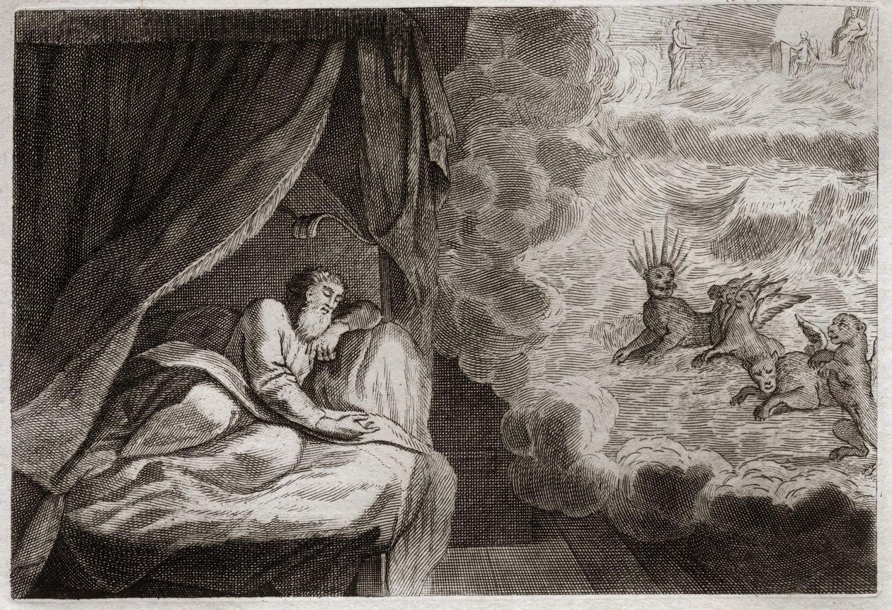 Bible de Royaumont, Ancien Testament : Vision de Daniel des quatre monarchies des Assyriens, Perses, Grecs et Romains. Ils voient quatre monstres : Haniel, Kafziel, Azriel, Aniel. Illustration de 1811. - Unknown artist