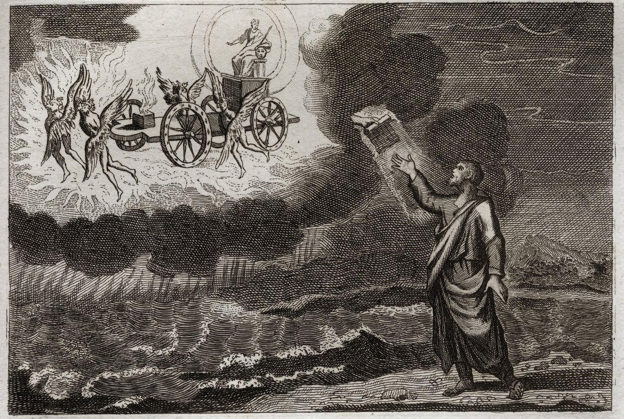 Bible de Royaumont, Ancien Testament : Ézéchiel prophète. Saint prophète a eu une vision où le Seigneur lui est apparu sur un char, porté par quatre chérubins (tétramorphe). Illustration de 1811. - Unknown artist
