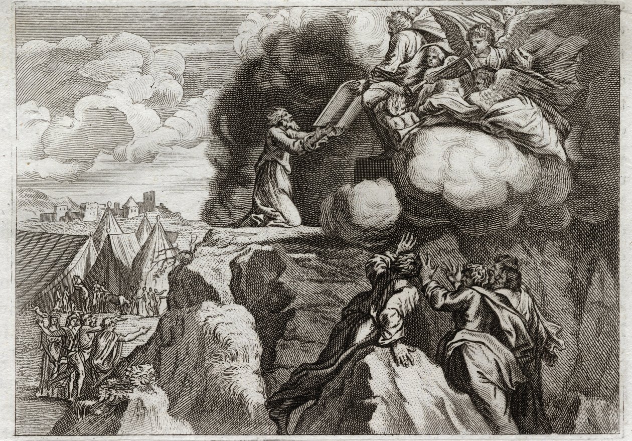 Bible de Royaumont, Ancien Testament : Premières Tables de la Loi. Dieu donne la Loi à son peuple sur le mont Sinaï. Moïse reçoit les 10 Commandements des mains de Dieu. Illustration de 1811. - Unknown artist